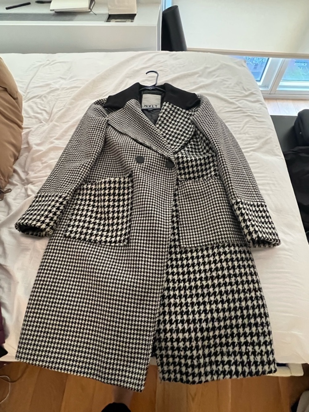 NVLT Black & White Houndstooth Patchwork Pea Coat